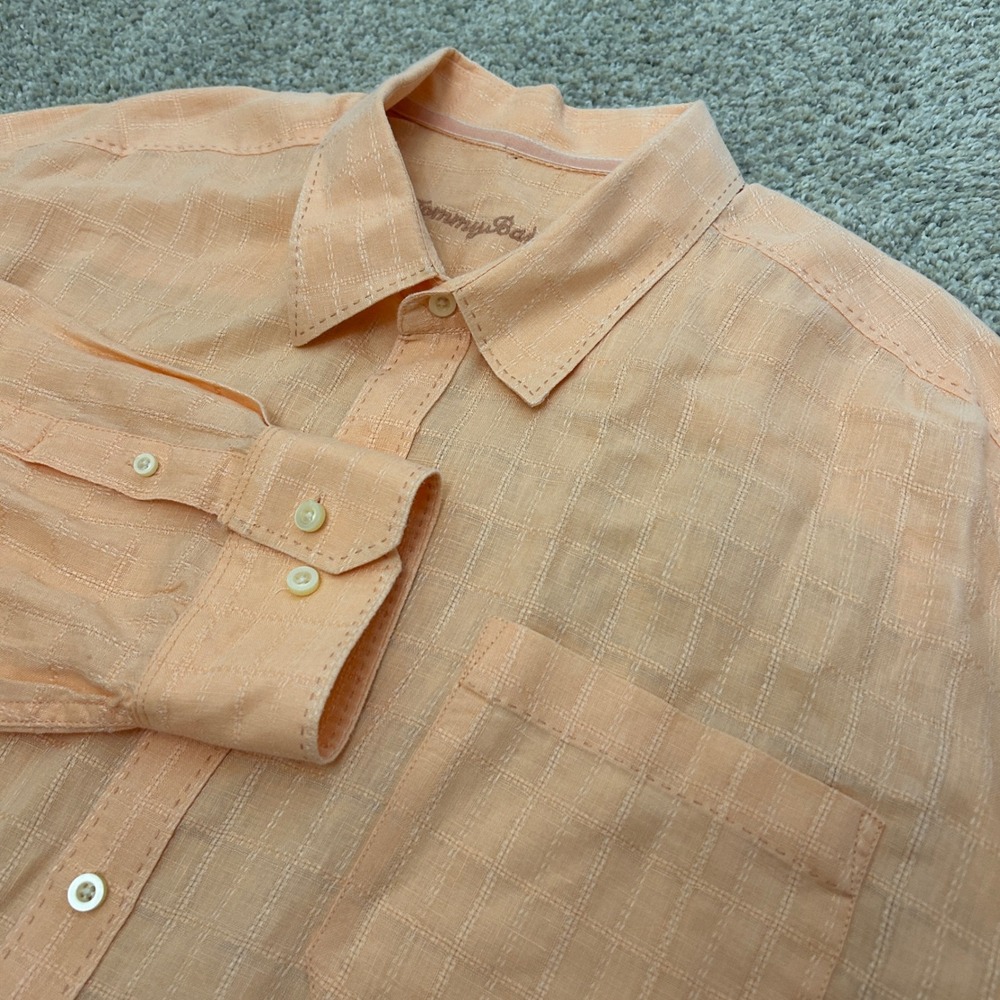 Tommy Bahama Button Up Shirt 2XB Orange Linen Windowpane Long Sleeve Light